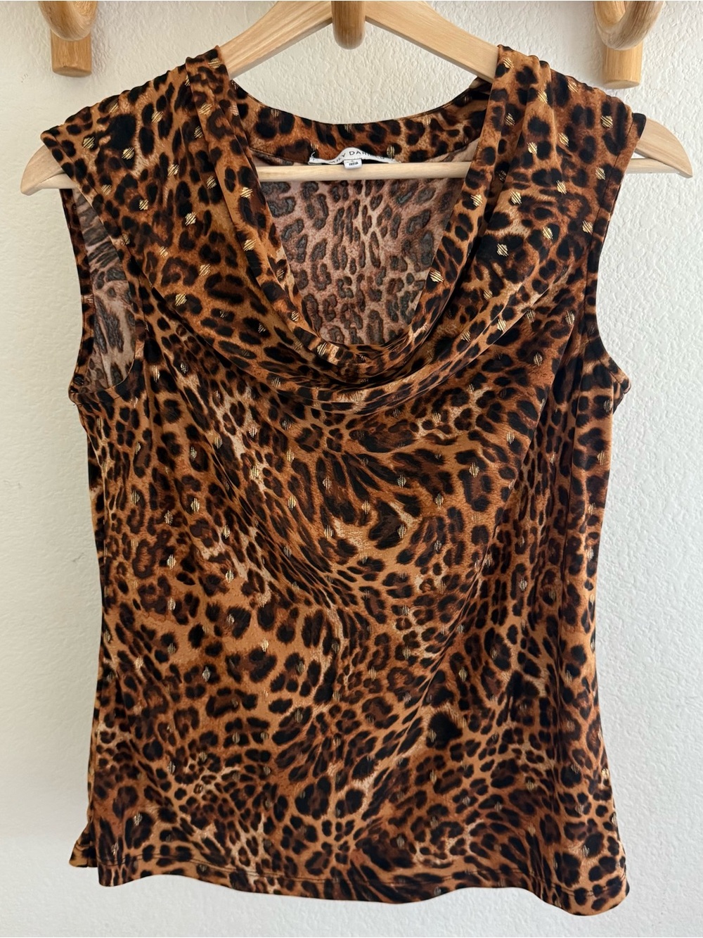 Emily Daniels Y2K cowl neck leopard animal print stretch sleeveless top. Size S